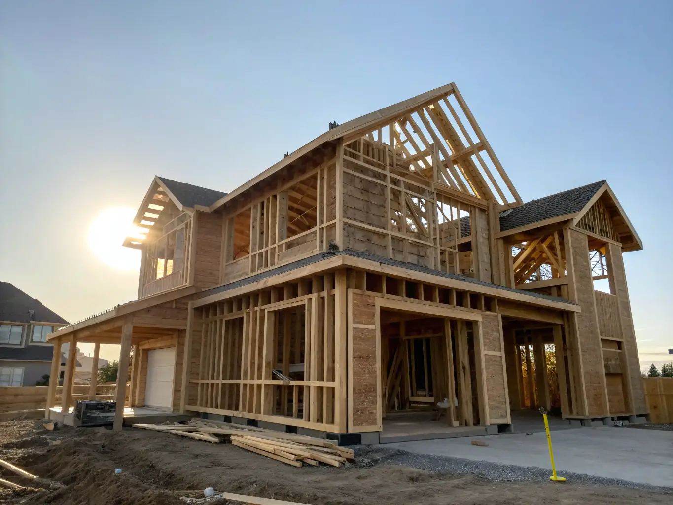 A high-angle shot of a newly constructed wooden frame of a house, showcasing the precision and structural integrity achieved by Rabello Construction's framing services. The image emphasizes the robust and reliable foundation they provide for every project.