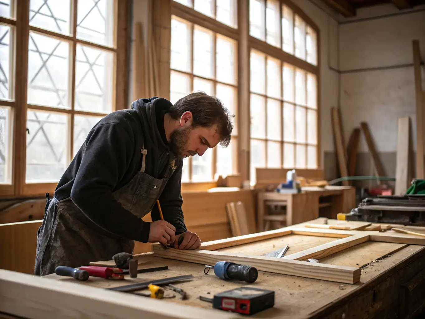 A close-up shot of a carpenter meticulously crafting a custom trim piece, highlighting the precision and skill involved in Rabello Construction's work.