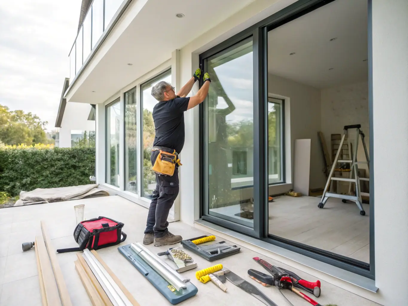 An image showcasing a Rabello Construction team member carefully inspecting a newly installed window, emphasizing the company's commitment to quality control.