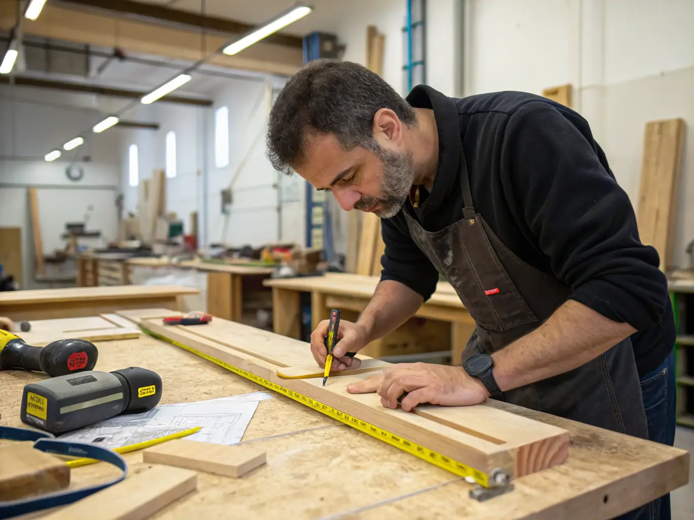 A carpenter expertly crafting a wooden frame for a new home construction project, showcasing precision and attention to detail.