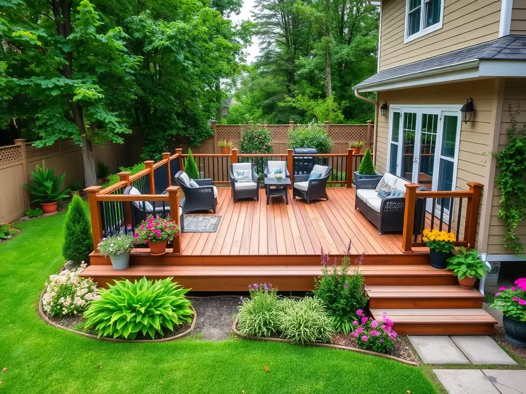 A beautifully constructed wooden deck extending from a home into a lush backyard, designed for outdoor living and entertainment.