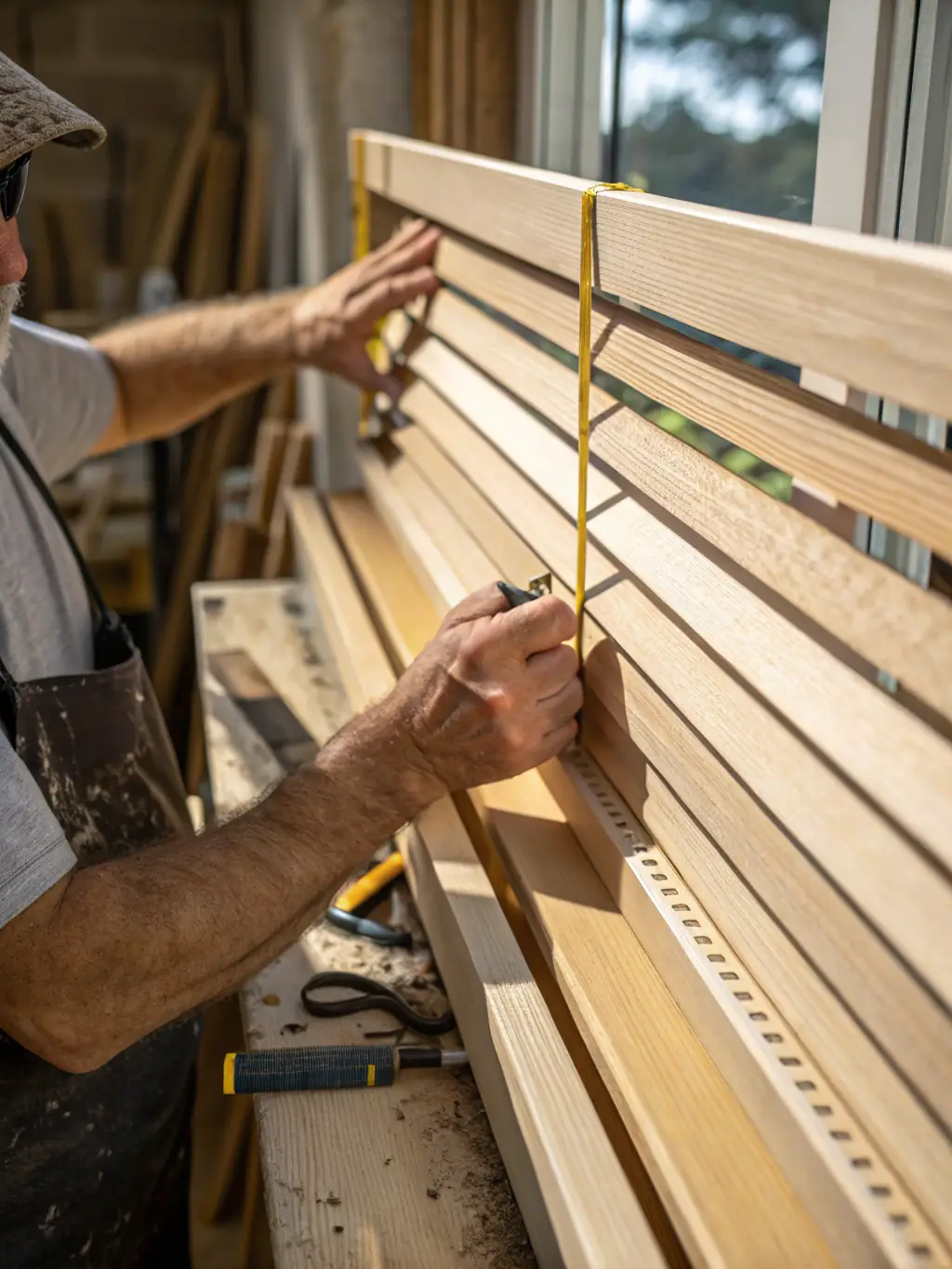 A close-up shot of a carpenter meticulously installing intricate trim work, highlighting the attention to detail in Rabello Construction's finish carpentry.