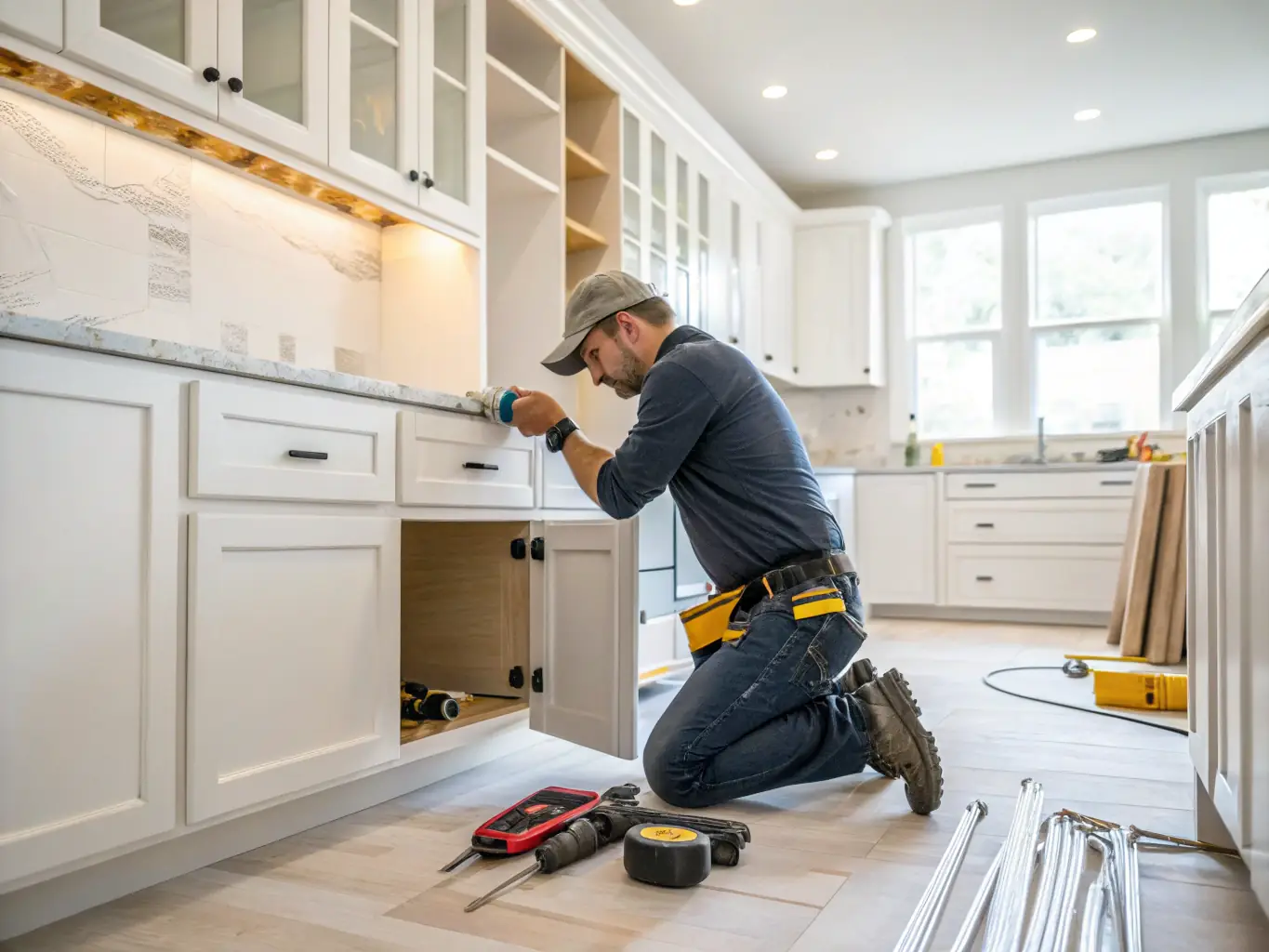 A carpenter meticulously installing custom trim and baseboards in a newly renovated living room, highlighting the fine details and craftsmanship.