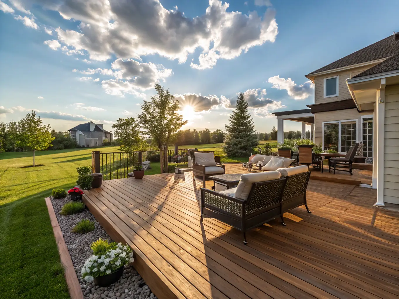 A wide shot of a beautifully designed and constructed deck overlooking a scenic backyard, illustrating the quality and aesthetic appeal of Rabello Construction's deck building services. The image conveys the idea of outdoor living and relaxation.