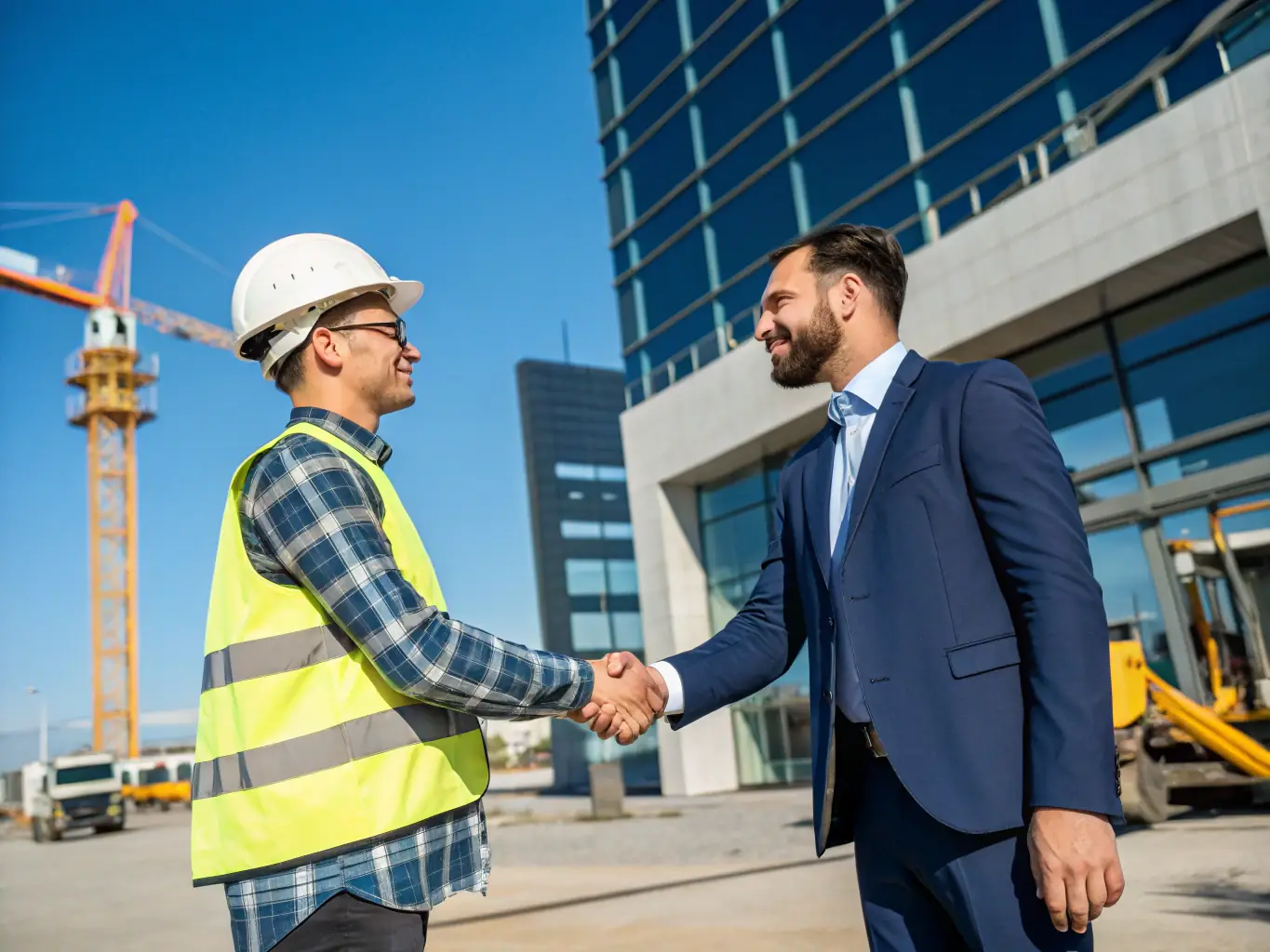 A happy client shaking hands with a Rabello Construction team member in front of a completed deck project, symbolizing the company's dedication to customer satisfaction.